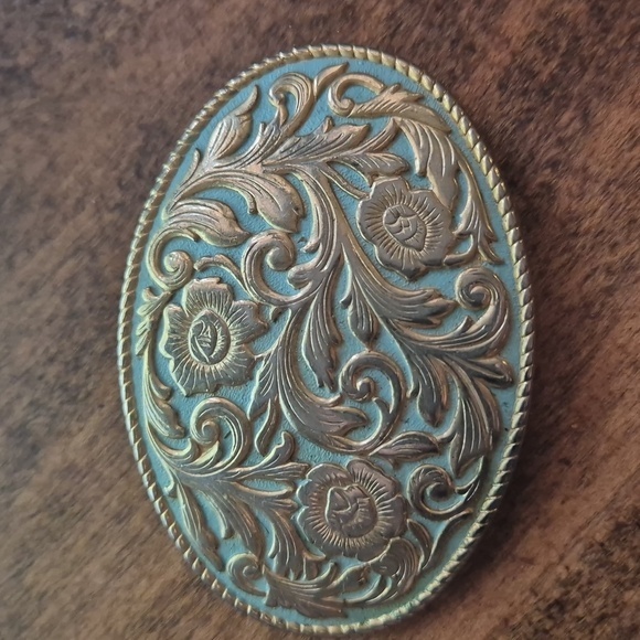 Belt Buckle Accessories - Beautiful Blue & Gold Tone Floral Belt Buckle Women's